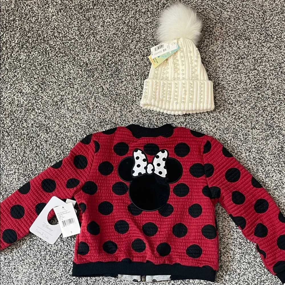 Disney Minnie Mouse Polka Dot Reversible Sweatshirt and Pearl Puff Beanie NWT